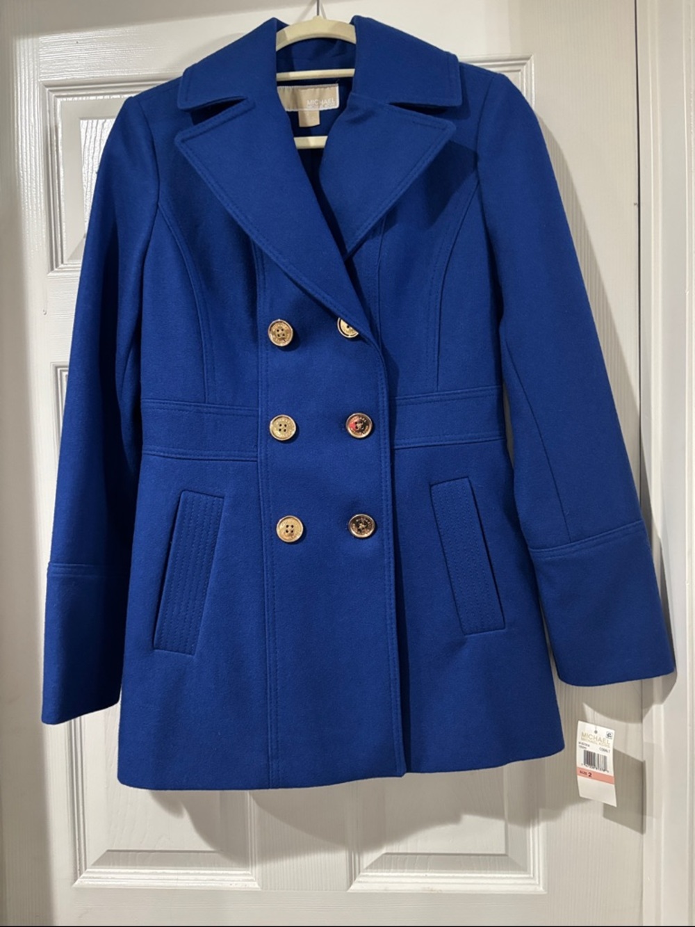 MICHAEL Michael Kors Royal Blue Double-Breasted Peacoat with Gold Buttons